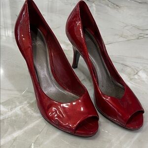 Alex Marie Glossy Red Peep-Toe Heels